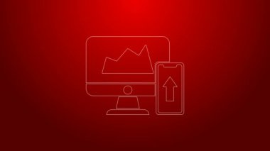 Kırmızı arkaplanda yeşil hat ya da bilgisayar monitörü üzerindeki grafik ve cep telefonu simgesi izole edildi. Strateji, planlama, veri, yatırım. 4K Video hareketli grafik canlandırması