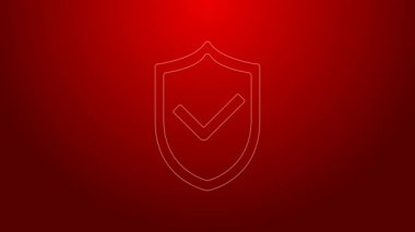 Yeşil çizgi kalkanı ve kırmızı arkaplanda işaret simgesi izole edildi. Koruma sembolü. Güvenlik kontrolü Simge. Kene izi onaylı simge. 4K Video hareketli grafik canlandırması