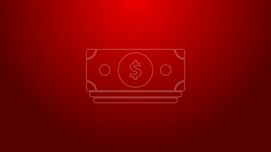 Yeşil çizgi, kağıt para yığını kırmızı arka planda izole nakit ikonu. Para desteleri. Para birimi. 4K Video hareketli grafik canlandırması