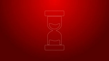 Yeşil çizgi. Kırmızı zemin üzerinde kum ikonu olan eski kum saati. Kum saati işareti. İş ve zaman yönetimi kavramı. 4K Video hareketli grafik canlandırması