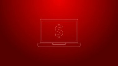 Kırmızı arkaplanda dolar sembolü olan yeşil çizgi dizüstü bilgisayarı. İnternetten alışveriş konsepti. İnternetten kazanç, pazarlama. 4K Video hareketli grafik canlandırması