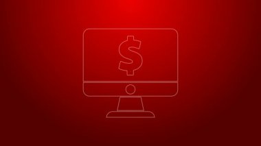 Kırmızı zemin üzerinde dolar sembolü olan yeşil çizgi bilgisayar monitörü. İnternetten alışveriş konsepti. İnternetten kazanç, pazarlama. 4K Video hareketli grafik canlandırması