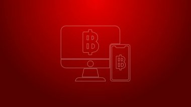 Kırmızı zemin üzerinde cep telefonu ve bitcoin simgesi olan yeşil çizgi bilgisayar monitörü. İnternetten alışveriş konsepti. İnternetten kazanç. 4K Video hareketli grafik canlandırması