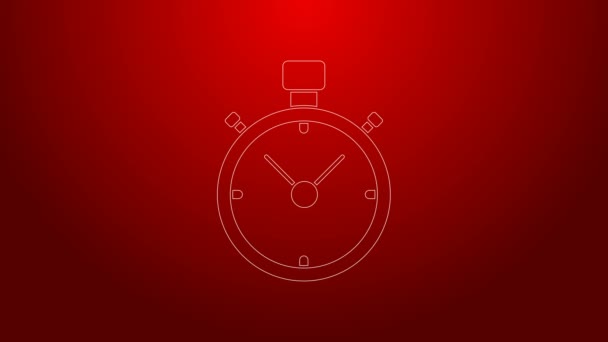 Grüne Linie Stoppuhr-Symbol isoliert auf rotem Hintergrund. Zeitzeichen. Chronometerzeichen. 4K Video Motion Grafik Animation — Stockvideo