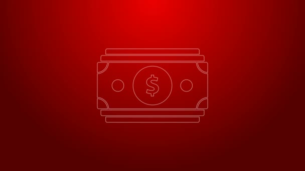 Grüne Linie Stapelt Papiergeld Cash-Symbol isoliert auf rotem Hintergrund. Geldscheine stapeln sich. Bill Währung. 4K Video Motion Grafik Animation — Stockvideo