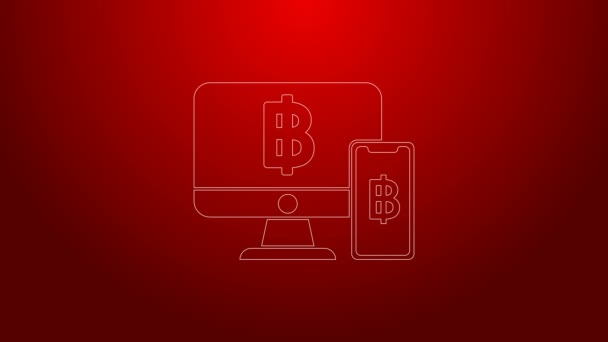 Grøn linje Computer skærm med mobiltelefon og Bitcoin ikon isoleret på rød baggrund. Online shopping koncept. Indtjening på internettet. 4K Video bevægelse grafisk animation – Stock-video