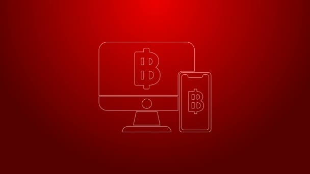 Linea verde Monitor per computer con telefono cellulare e icona bitcoin isolato su sfondo rosso. Concetto di shopping online. Guadagni in Internet. Animazione grafica 4K Video motion — Video Stock