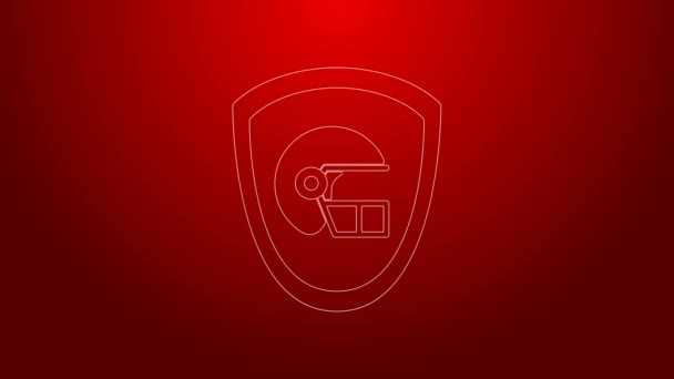 Línea verde casco de fútbol americano y escudo icono aislado sobre fondo rojo. Animación gráfica de vídeo 4K — Vídeos de Stock