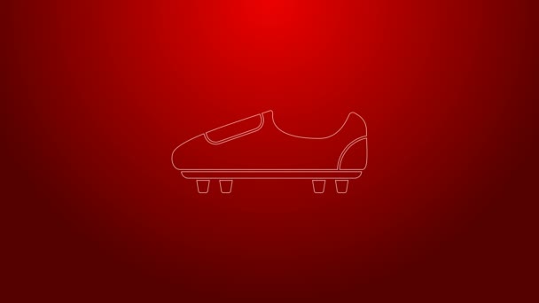 Grön linje Fotboll eller fotboll skor med spikar ikon isolerad på röd bakgrund. Amerikansk fotbollssko. 4K Video motion grafisk animation — Stockvideo