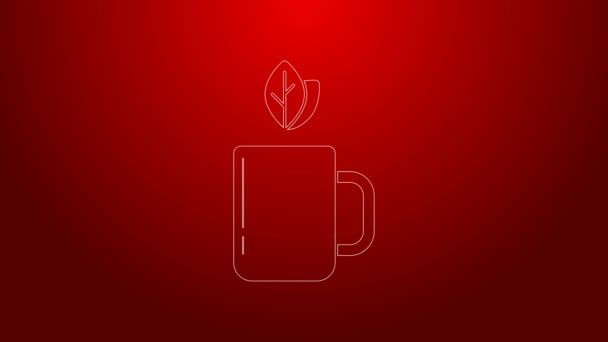 Grüne Linie Tasse Tee und Blatt-Symbol isoliert auf rotem Hintergrund. 4K Video Motion Grafik Animation — Stockvideo