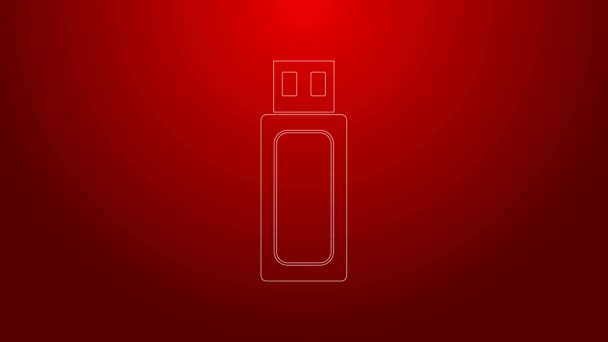 Icono de unidad flash USB de línea verde aislado sobre fondo rojo. Animación gráfica de vídeo 4K — Vídeos de Stock