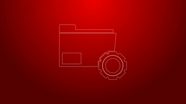 Línea verde Configuración de carpetas con engranajes icono aislado sobre fondo rojo. Actualización de software, protocolo de transferencia, gestión de herramientas de trabajo en equipo, proceso de copia. Animación gráfica de vídeo 4K — Vídeos de Stock