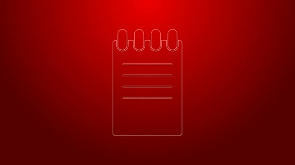 Green line Notebook icon isolated on red background. Spiral notepad icon. School notebook. Writing pad. Diary for business. Notebook cover design. 4K Video motion graphic animation — Stock Video