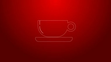 Yeşil çizgi kahve fincanı resmi kırmızı arkaplanda izole edilmiş. Çay fincanı. Sıcak içecek kahvesi. 4K Video hareketli grafik canlandırması