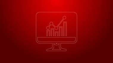 Kırmızı zemin üzerinde grafik grafik simgesi olan yeşil çizgi bilgisayar monitörü. Metin dosya simgesini rapor et. Muhasebe tabelası. Denetim, analiz, planlama. 4K Video hareketli grafik canlandırması