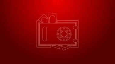 Yeşil hat kasa ve para simgesi kırmızı arkaplanda izole edildi. Kapı, şifreli bir banka kasası. Güvenilir Veri Koruma. 4K Video hareketli grafik canlandırması