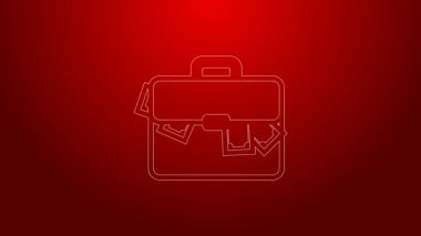Yeşil hat evrak çantası ve para simgesi kırmızı arkaplanda izole edildi. İş ilanı. İş portföyü. 4K Video hareketli grafik canlandırması