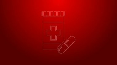 Yeşil çizgi ilaç şişesi ve kırmızı arka planda izole edilmiş ilaç ikonu. Şişe hapı işareti. Eczane tasarımı. 4K Video hareketli grafik canlandırması