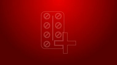 Yeşil çizgi hapları kırmızı arka planda izole edilmiş bir ikon. İlaç paketi. Tablet, vitamin, antibiyotik, aspirin. 4K Video hareketli grafik canlandırması