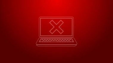 Yeşil çizgi dizüstü bilgisayar ve ekran simgesinde çapraz iz kırmızı arkaplanda izole edildi. Hata penceresi, çıkış düğmesi, iptal, 404 hata sayfası konsept bulunamadı. 4K Video hareketli grafik canlandırması