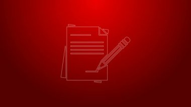 Kırmızı arkaplanda silgi simgesi olan yeşil çizgi boş defter ve kalem. Kağıt kalem. 4K Video hareketli grafik canlandırması