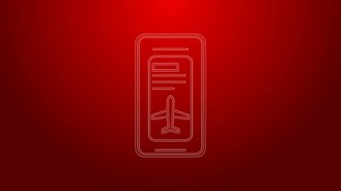 Kırmızı arka planda elektronik uçuş kartı olan yeşil hat akıllı telefonu var. Web ve uygulama için yolcu uçağı bileti. 4K Video hareketli grafik canlandırması
