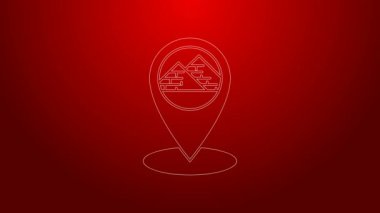 Kırmızı zemin üzerinde Mısır piramitleri simgesi bulunan yeşil çizgi haritası işaretçisi. 4K Video hareketli grafik canlandırması