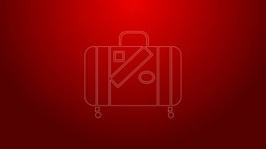 Seyahat için yeşil bavul ve kırmızı arkaplanda izole edilmiş çıkartma simgesi. Seyahat bagaj tabelası. Seyahat bagaj ikonu. 4K Video hareketli grafik canlandırması