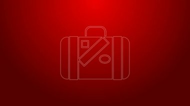 Seyahat için yeşil bavul ve kırmızı arkaplanda izole edilmiş çıkartma simgesi. Seyahat bagaj tabelası. Seyahat bagaj ikonu. 4K Video hareketli grafik canlandırması