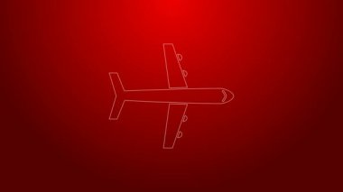 Yeşil çizgi düzlem simgesi kırmızı arkaplanda izole edildi. Uçan uçak ikonu. Uçak tabelası. 4K Video hareketli grafik canlandırması