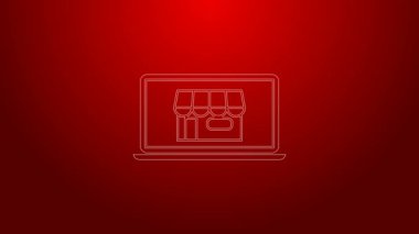 Ekran dizüstü bilgisayarındaki yeşil hat alışveriş binası kırmızı arkaplanda izole edilmiş. Konsept e-ticaret, e-ticaret, online iş pazarlama. 4K Video hareketli grafik canlandırması