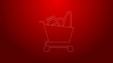 Yeşil hat alışveriş arabası ve yiyecek ikonu kırmızı arka planda izole edilmiş. Yiyecek dükkanı, süpermarket. 4K Video hareketli grafik canlandırması