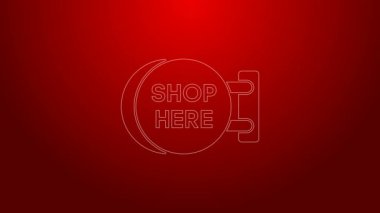 Kırmızı arkaplanda izole edilmiş bir yazı dükkanı simgesiyle yeşil çizgi levhası asılı. Reklamlar için uygun bar, kafe, bar, restoran. 4K Video hareketli grafik canlandırması