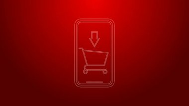 Kırmızı arka planda yeşil hat cep telefonu ve alışveriş arabası simgesi izole edildi. İnternetten satın alma sembolü. Süpermarket sepeti sembolü. 4K Video hareketli grafik canlandırması
