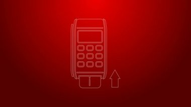 Yeşil hat Pos terminali ve kırmızı arka planda izole edilmiş eklenmiş kredi kartı simgesi. Ödeme terminali işlemi. Kartla öde. 4K Video hareketli grafik canlandırması