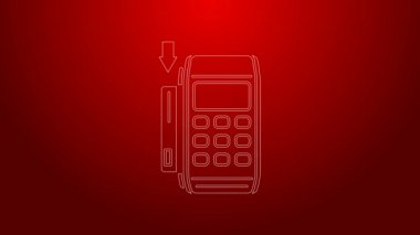 Yeşil hat Pos terminali ve kırmızı arka planda izole edilmiş eklenmiş kredi kartı simgesi. Ödeme terminali işlemi. Kartla öde. 4K Video hareketli grafik canlandırması
