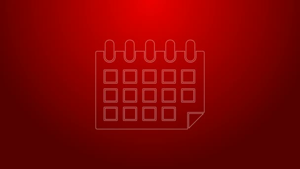 Icono de calendario de línea verde aislado sobre fondo rojo. Evento símbolo recordatorio. Animación gráfica de vídeo 4K — Vídeos de Stock