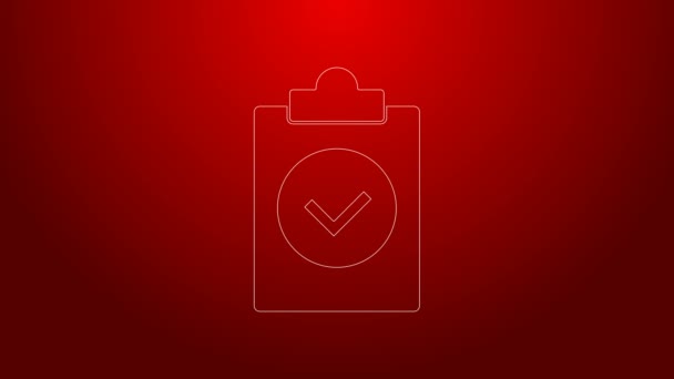 Green line Completed task icon isolated on red background. Compliance inspection approved. Checklist sign. Certified document symbol. 4K Video motion graphic animation — Stock Video