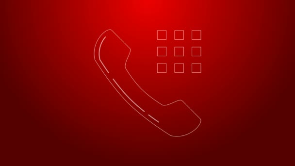 Green line Telephone handset icon isolated on red background. Phone sign. 4K Video motion graphic animation — Stock Video