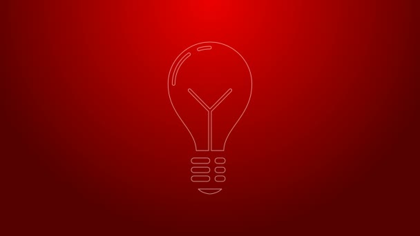 Línea verde Bombilla con concepto de icono de idea aislado sobre fondo rojo. Símbolo de energía e idea. Concepto de inspiración. Animación gráfica de vídeo 4K — Vídeo de stock