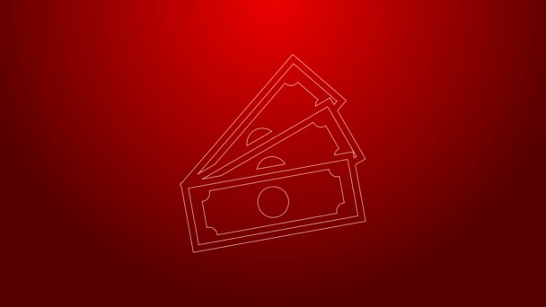 Zelená čára Zásobníky papírové peníze hotovost ikona izolované na červeném pozadí. Hromádky bankovek. Bilanční měna. Grafická animace pohybu videa 4K — Stock video