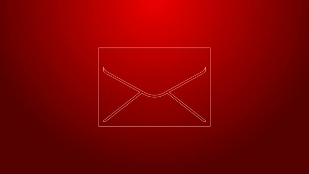 Linha verde Ícone de envelope isolado no fundo vermelho. Símbolo da letra da mensagem de email. Animação gráfica em movimento de vídeo 4K — Vídeo de Stock
