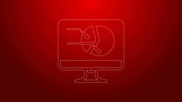 Línea verde Monitor de ordenador con icono gráfico gráfico aislado sobre fondo rojo. Reportar icono de archivo de texto. Signo contable. Auditoría, análisis, planificación. Animación gráfica de vídeo 4K — Vídeos de Stock