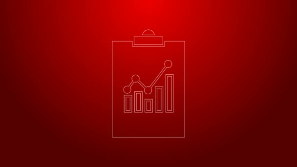 Grüne Linie Zwischenablage mit Diagrammdiagrammsymbol isoliert auf rotem Hintergrund. Textdatei-Symbol melden. Buchhaltungszeichen. Prüfung, Analyse, Planung. 4K Video Motion Grafik Animation — Stockvideo