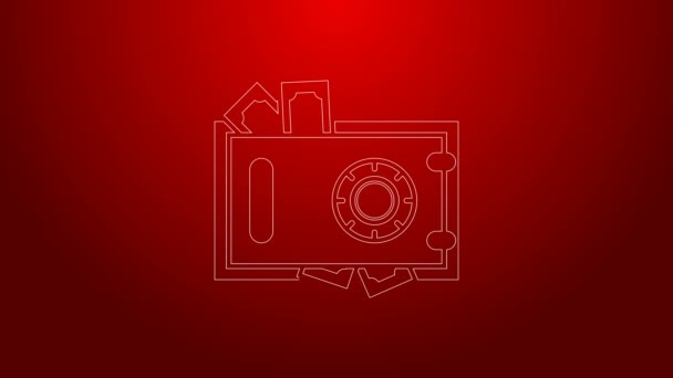 Green line Safe and money icon isolated on red background. The door safe a bank vault with a combination lock. Reliable Data Protection. 4K Video motion graphic animation — Stock Video