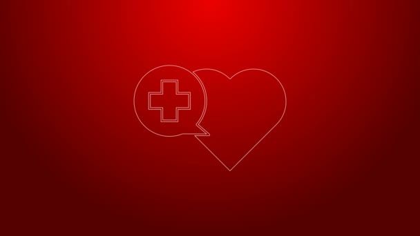 Πράσινη γραμμή Καρδιά με ένα σταυρό εικονίδιο απομονώνονται σε κόκκινο φόντο. Πρώτες βοήθειες. Σήμα υγείας, ιατρικής και φαρμακευτικής. 4K Γραφική κίνηση κίνησης βίντεο — Αρχείο Βίντεο