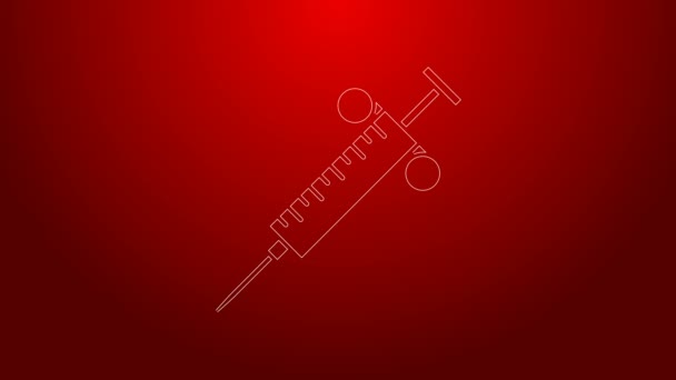 Green line Syringe icon isolated on red background. Syringe for vaccine, vaccination, injection, flu shot. Medical equipment. 4K Video motion graphic animation — Stock Video