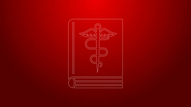 Línea verde Icono del libro médico aislado sobre fondo rojo. Animación gráfica de vídeo 4K — Vídeo de stock