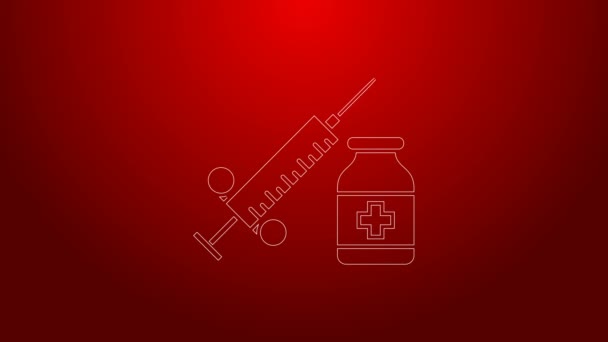 Green line Medical syringe with needle and vial or ampoule icon isolated on red background. Vaccination, injection, vaccine, insulin concept. 4K Video motion graphic animation — Stock Video