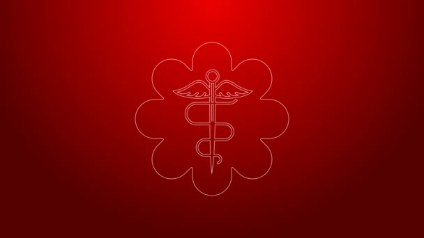 Línea verde Estrella de emergencia - símbolo médico Serpiente caduceus con icono de palo aislado sobre fondo rojo. Estrella de la Vida. Animación gráfica de vídeo 4K — Vídeo de stock